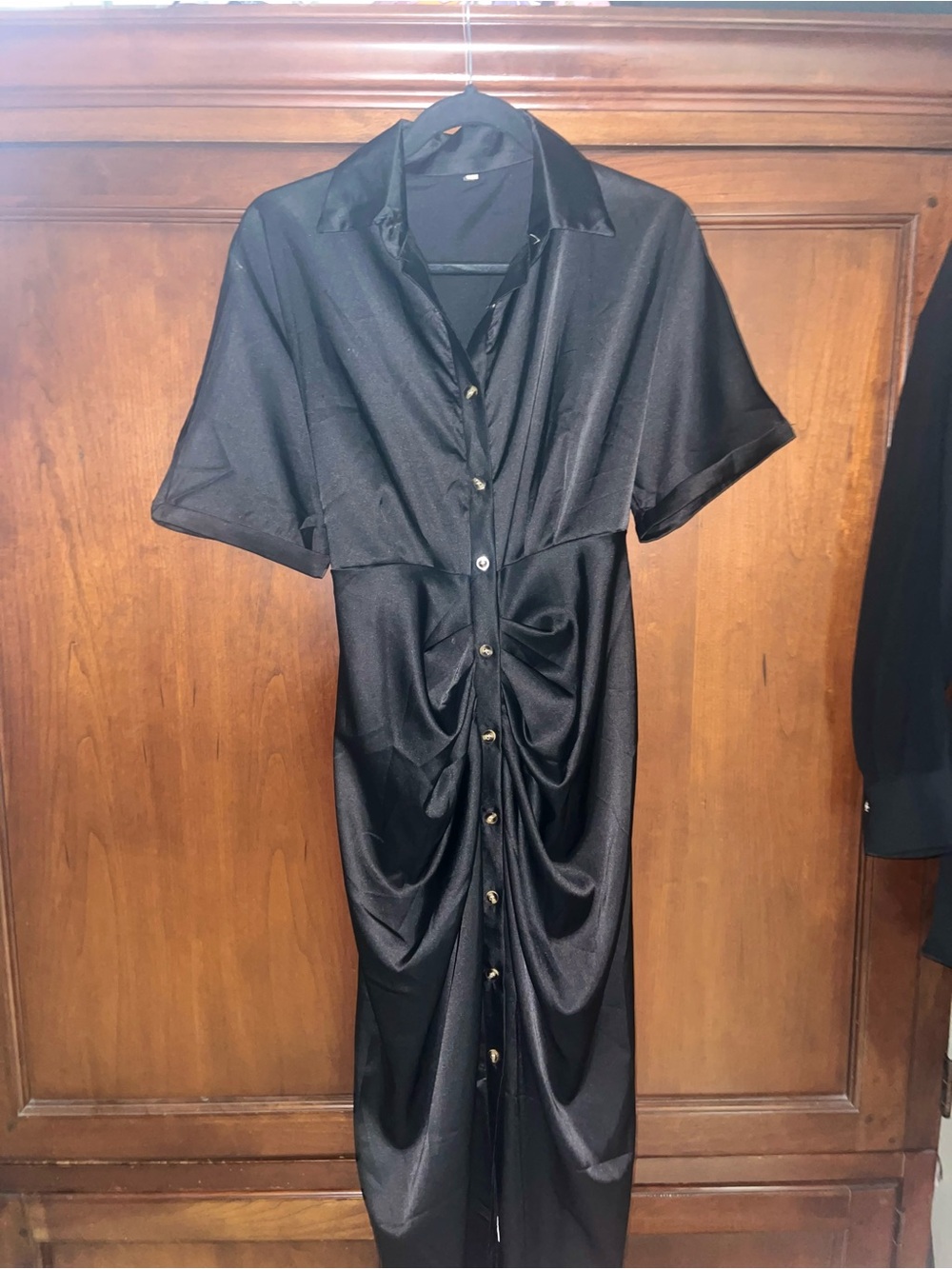 Black Ruched Front Button-Down Shirt Dress